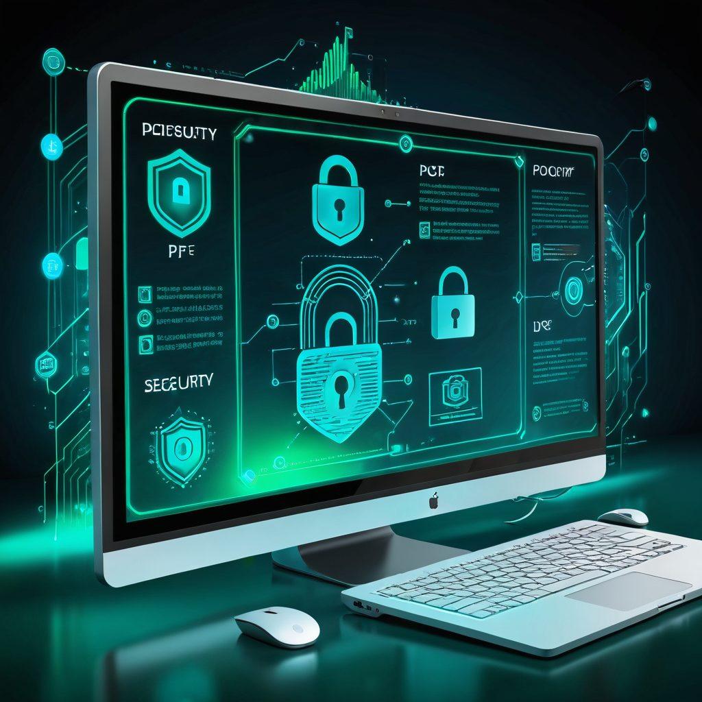A high-tech digital workspace featuring a futuristic computer screen displaying a sleek interface for converting PDF files to JPG. Surrounding the screen, glowing icons depicting security locks and speed indicators highlight the themes of security and efficiency. The background is a blend of cool blue and green tones, giving it a professional and reliable feel. super-realistic. vibrant colors. white background.
