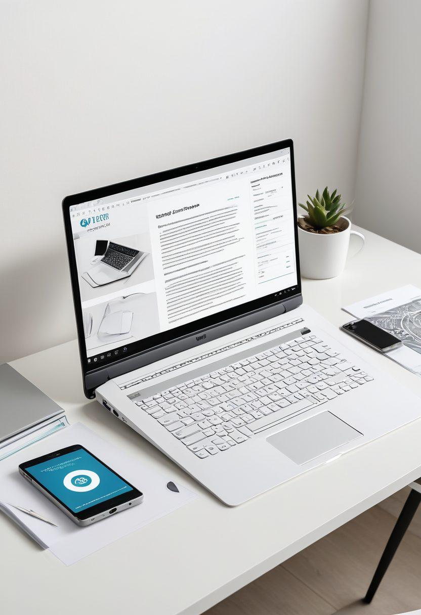 A high-resolution image of a sleek laptop on a pristine white desk, displaying a PDF on the screen. Next to the laptop, a smartphone showing converted image files from the PDF. Surrounding the devices, a series of circled, numbered steps illustrating the conversion process from PDF to image formats. modern, clean, vector art, white background.