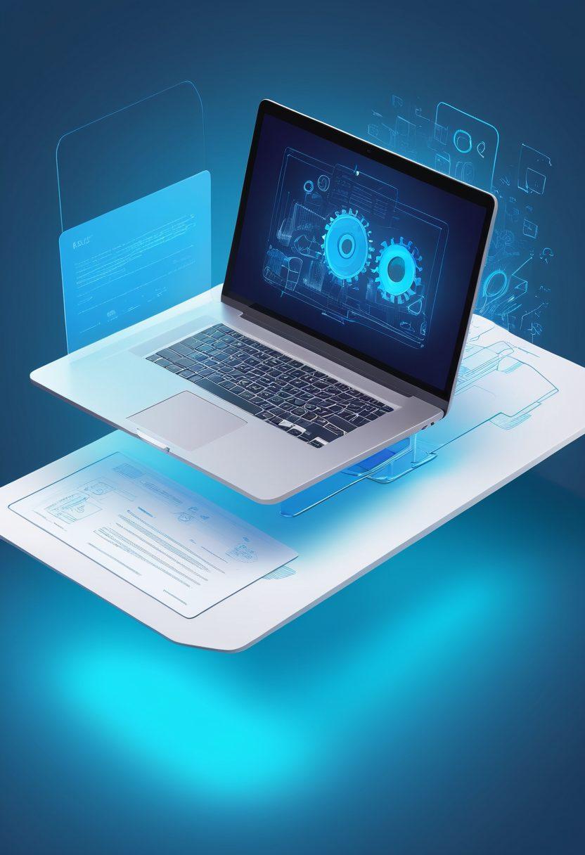 A sleek laptop on a modern desk with a PDF document displayed on the screen, transforming into vibrant JPG images that float out toward an eager user. Include subtle symbols of conversion (like arrows or gears) and a soft blue glow to signify the seamless process. Vector art. Vibrant colors. Modern aesthetic.